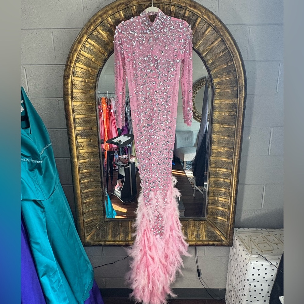 Pink Sequin Gown Dress See Through Boudoir with Feather Trim for maternity shoot